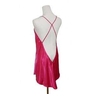 Vintage La Vie en Rose Hot Pink Satin Slip Dress Open Back Criss Cross Lingerie